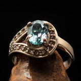 Sterling Silver Solitaire Loop Ring with oval Cut Blue Zircon and 21 CZ - Size 5 - BikeRing4u
