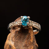 Sterling Silver Solitaire Band Ring with oval Cut Blue Zircon and 8 CZ - Size 4.75 - BikeRing4u