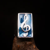 Excellent crafted Men's Musician Ring blue Treble Clef Symbol - Sterling Silver - BikeRing4u