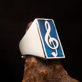Excellent crafted Men's Musician Ring blue Treble Clef Symbol - Sterling Silver - BikeRing4u