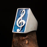 Excellent crafted Men's Musician Ring blue Treble Clef Symbol - Sterling Silver - BikeRing4u