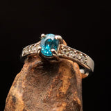 Sterling Silver Solitaire Band Ring with oval Cut Blue Zircon and 8 CZ - Size 4.75 - BikeRing4u