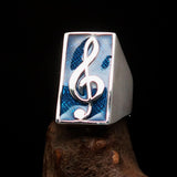 Excellent crafted Men's Musician Ring blue Treble Clef Symbol - Sterling Silver - BikeRing4u