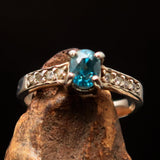 Sterling Silver Solitaire Band Ring with oval Cut Blue Zircon and 8 CZ - Size 4.75 - BikeRing4u