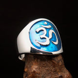 Excellent crafted Men's blue Aum Buddhist Ring - Sterling Silver - BikeRing4u