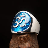 Excellent crafted Men's blue Aum Buddhist Ring - Sterling Silver - BikeRing4u