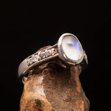 Sterling Silver Solitaire Gemstone Ring with oval shaped Ceylon Moonstone and 8 CZ - BikeRing4u
