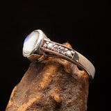 Sterling Silver Solitaire Gemstone Ring with oval shaped Ceylon Moonstone and 8 CZ - BikeRing4u