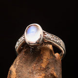 Sterling Silver Solitaire Gemstone Ring with oval shaped Ceylon Moonstone and 8 CZ - BikeRing4u