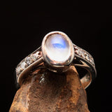 Sterling Silver Solitaire Gemstone Ring with oval shaped Ceylon Moonstone and 8 CZ - BikeRing4u