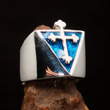 Excellent crafted Men's Blue Coptic Cross Ring - Sterling Silver - BikeRing4u