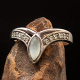 Sterling Silver Solitaire Ring with marquise shaped Ceylon Moonstone and 10 CZ - BikeRing4u