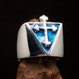 Excellent crafted Men's Blue Coptic Cross Ring - Sterling Silver - BikeRing4u