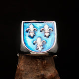 Excellent crafted Men's blue Fleur de Lis Coat of Arms Ring - Sterling Silver - BikeRing4u