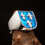 Excellent crafted Men's blue Fleur de Lis Coat of Arms Ring - Sterling Silver - BikeRing4u