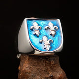 Excellent crafted Men's blue Fleur de Lis Coat of Arms Ring - Sterling Silver - BikeRing4u