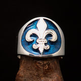 Excellent crafted Men's Blue Fleur de Lis Seal Ring - Sterling Silver - BikeRing4u