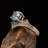 Gemstone Sterling Silver Solitaire Ring with round Cut Blue Zircon and 15 CZ - Size 4.75 - BikeRing4u