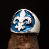 Excellent crafted Men's Blue Fleur de Lis Seal Ring - Sterling Silver - BikeRing4u