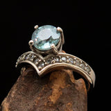 Gemstone Sterling Silver Solitaire Ring with round Cut Blue Zircon and 15 CZ - Size 4.75 - BikeRing4u