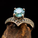 Gemstone Sterling Silver Solitaire Ring with round Cut Blue Zircon and 15 CZ - Size 4.75 - BikeRing4u