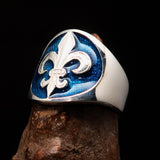 Excellent crafted Men's Blue Fleur de Lis Seal Ring - Sterling Silver - BikeRing4u