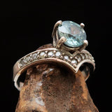 Gemstone Sterling Silver Solitaire Ring with round Cut Blue Zircon and 15 CZ - Size 4.75 - BikeRing4u