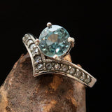 Gemstone Sterling Silver Solitaire Ring with round Cut Blue Zircon and 15 CZ - Size 4.75 - BikeRing4u