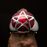 Perfectly domed Men's Solid Line Pentagram Ring Red - Sterling Silver - BikeRing4u
