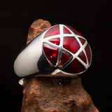 Perfectly domed Men's Solid Line Pentagram Ring Red - Sterling Silver - BikeRing4u