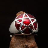 Perfectly domed Men's Solid Line Pentagram Ring Red - Sterling Silver - BikeRing4u