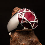 Nicely crafted Men's Hebrew Ring Red Star of David - Sterling Silver - BikeRing4u