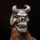Excellent crafted Men's horned Devil Sterling Silver Ring - BikeRing4u
