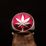 Sterling Silver Men's Ring Marihuana Cannabis Leaf in Red - BikeRing4u