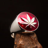 Sterling Silver Men's Ring Marihuana Cannabis Leaf in Red - BikeRing4u
