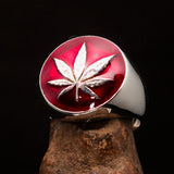 Sterling Silver Men's Ring Marihuana Cannabis Leaf in Red - BikeRing4u