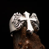 Excellent crafted antiqued Men's flying winged Cross Ring - Sterling Silver - BikeRing4u