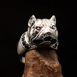Excellent crafted Men's Animal Ring Pitbull red Garnet Collar - Sterling Silver - BikeRing4u