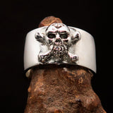 Excellent crafted Outlaw 1% Jolly Roger Skull Band Ring - antiqued Sterling Silver - BikeRing4u