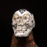 Excellent crafted Men's black 1% Runes Skull Outlaw Ring - Sterling Silver - BikeRing4u