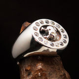 Men's Alien Skull Ring surrounded with 15 white CZ - Sterling Silver - BikeRing4u