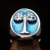 Excellent crafted Men's blue oval Tree of Life Ring - Sterling Silver - BikeRing4u