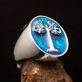Excellent crafted Men's blue oval Tree of Life Ring - Sterling Silver - BikeRing4u
