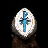 Ancient Men's Christian Monogram Cross Ring blue Chi Rho XP - Sterling Silver - BikeRing4u