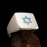 Excellent crafted Sterling Silver Men's Hexagram Ring Star of David Blue - BikeRing4u