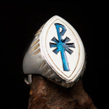 Ancient Men's Christian Monogram Cross Ring blue Chi Rho XP - Sterling Silver - BikeRing4u