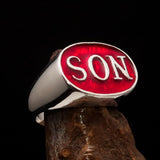 Perfectly crafted oval Initial Men's Ring red SON one word - Sterling Silver - BikeRing4u