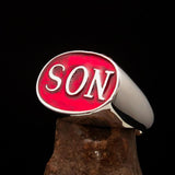 Perfectly crafted oval Initial Men's Ring red SON one word - Sterling Silver - BikeRing4u