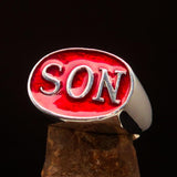 Perfectly crafted oval Initial Men's Ring red SON one word - Sterling Silver - BikeRing4u