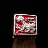 Perfectly crafted Men's red Sinhalese Lion Ring - Sterling Silver - BikeRing4u